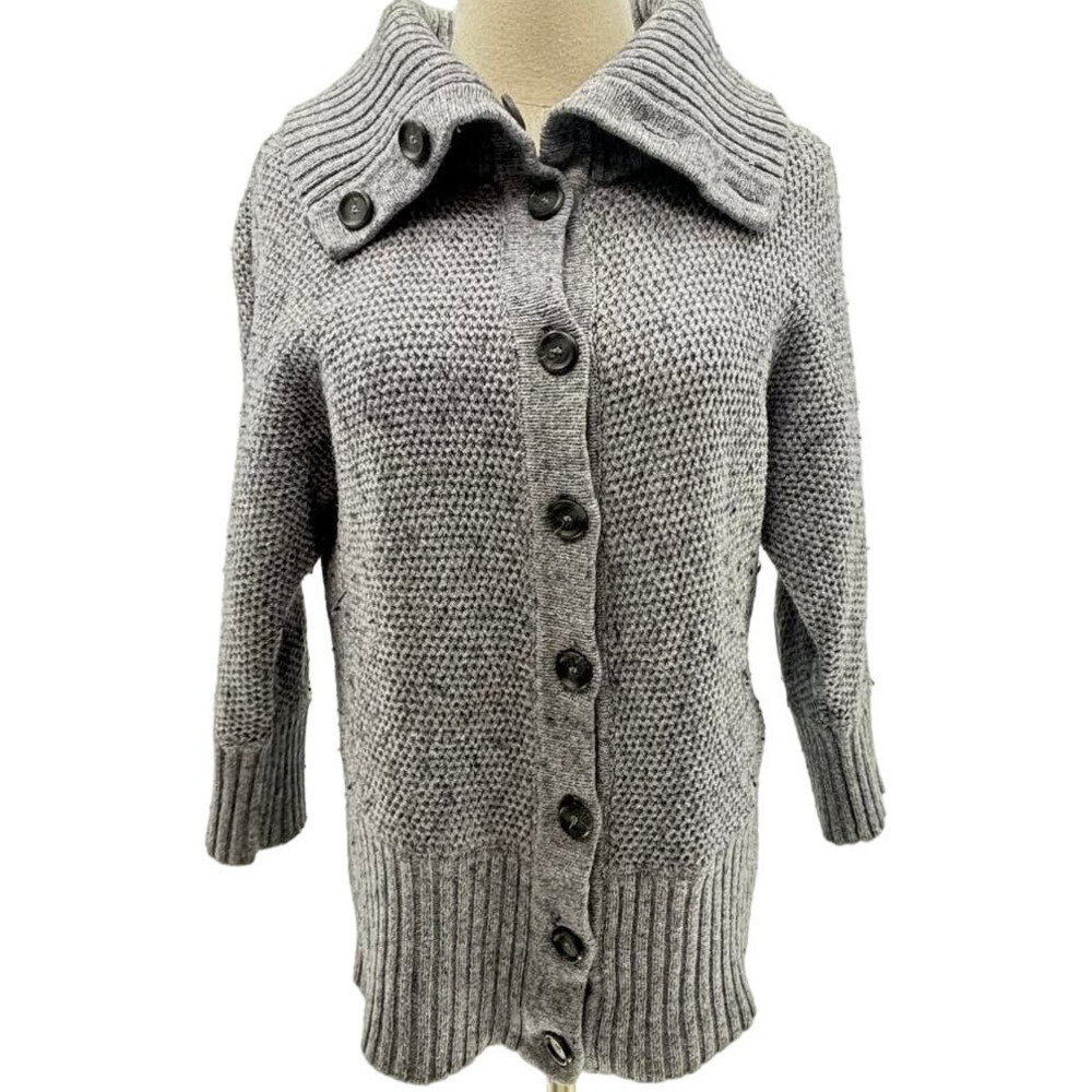 Ann Taylor Loft Gray Heathered 3/4 Sleeve Mock Neck Button Up Cardigan- M
